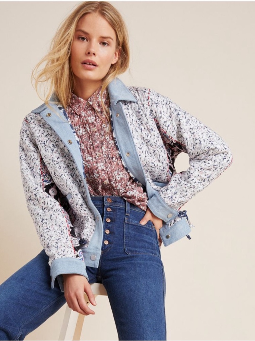Blank NYC Anthropologie Reversible Patchwork Floral Jacket Denim Trim, Size M